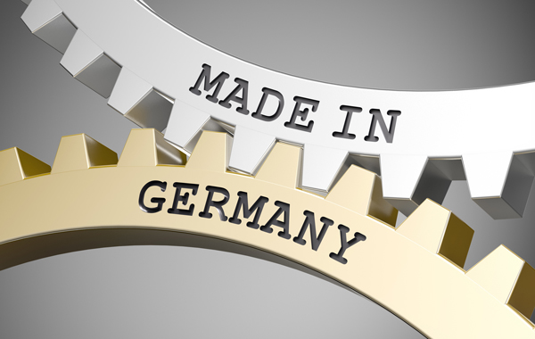 Umweltfreundliche Druckmedien - ineinandergreifende Zahnräder mit Schriftzug Made in Germany